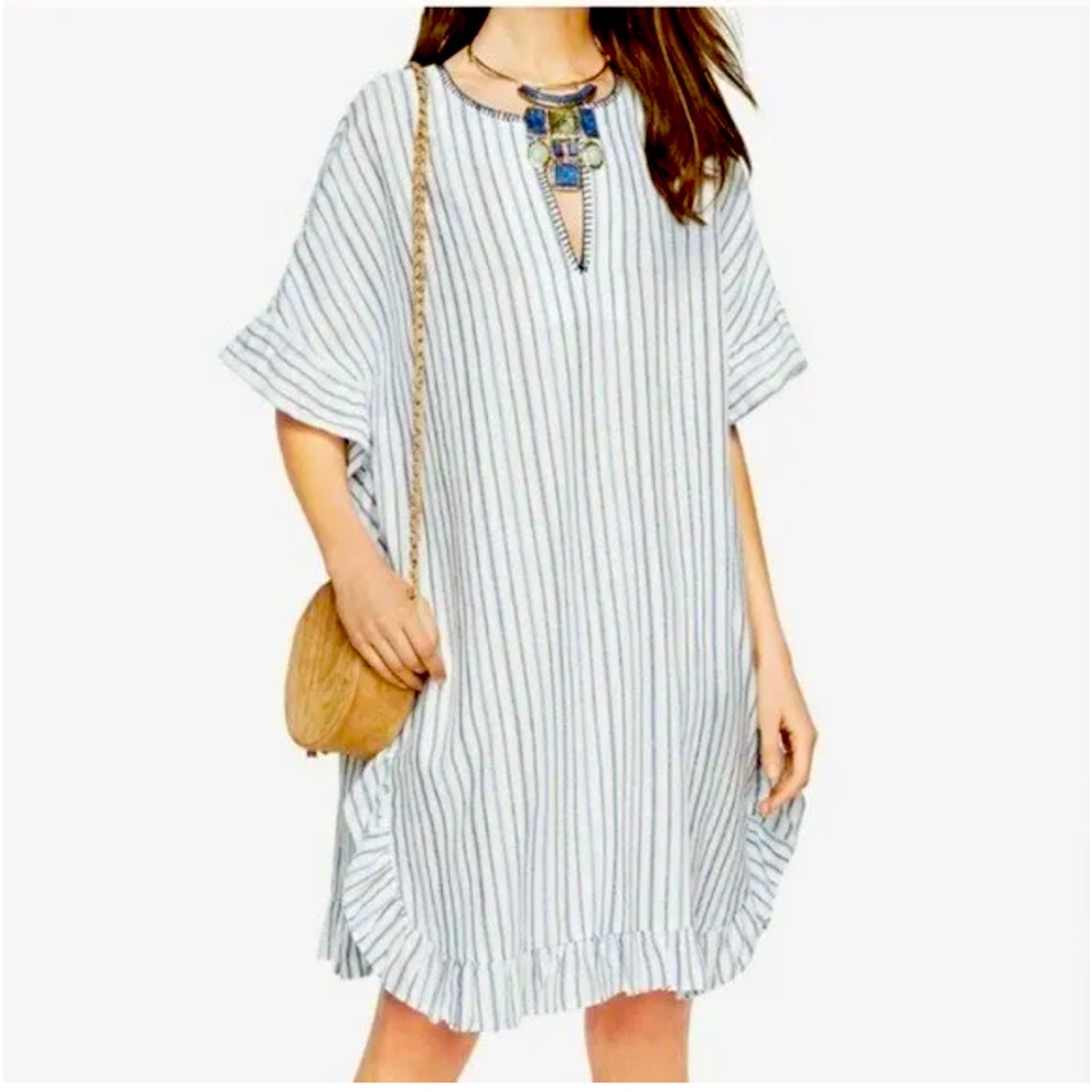 BCBGMaxAzria Dove Ruffled Kaftan Blue White Striped Dress Womens Medium